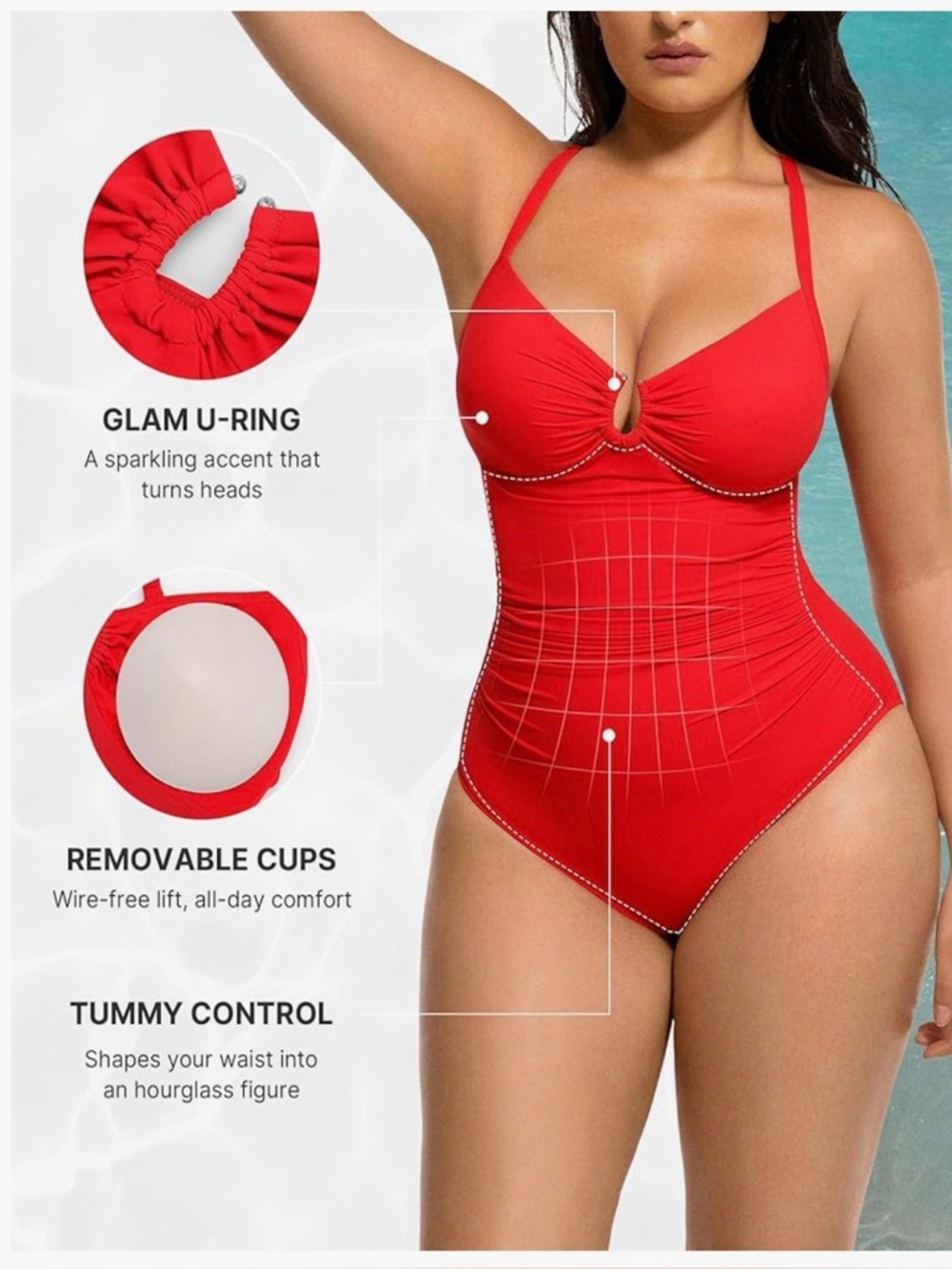 Shapellx Red Ruched Waist 1-Piece Swimsuit Keyhole Detail Tummy Control XL NWT - Picture 5 of 9